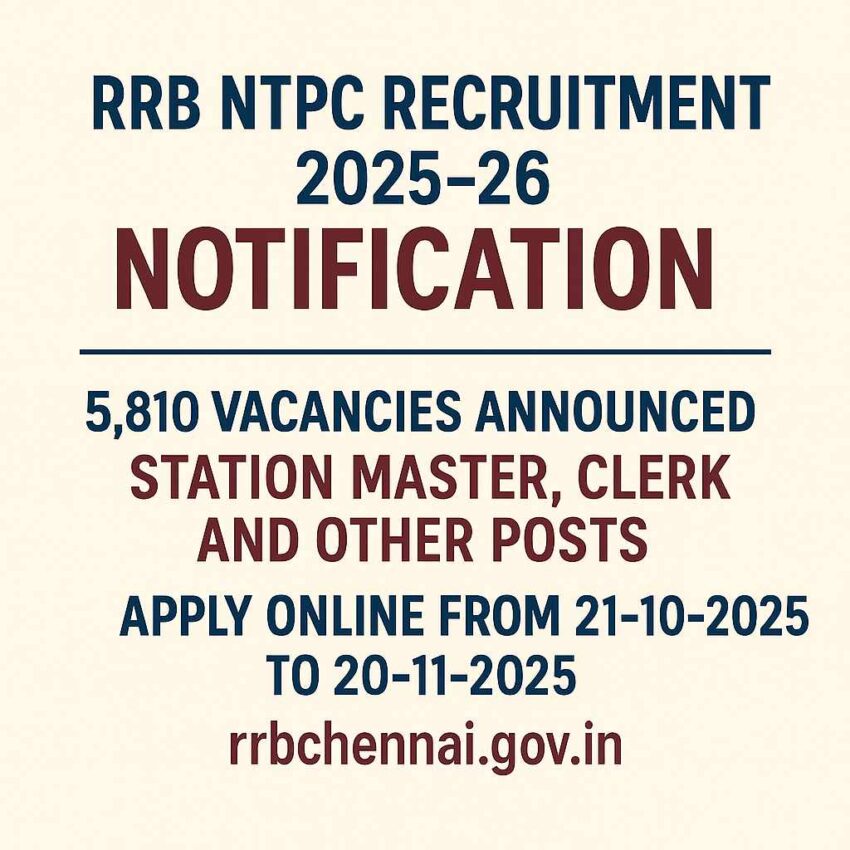 RRB NTPC 2025 Apply Online for 5810 Railway Vacancies, Railway Recruitment Board NTPC 2025 Notification PDF Details, RRB NTPC Recruitment 2025-26 Application Dates and Eligibility, RRB Chennai NTPC 2025 Station Master and Clerk Vacancy Details, RRB NTPC 2025 Notification Released with 5810 Posts, RRB NTPC 2025 Online Application Process and Last Date, Indian Railway RRB NTPC Jobs 2025 Apply Online,
